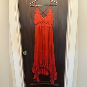 LA MIEL Summer Orange Ruched High Low Sundress
